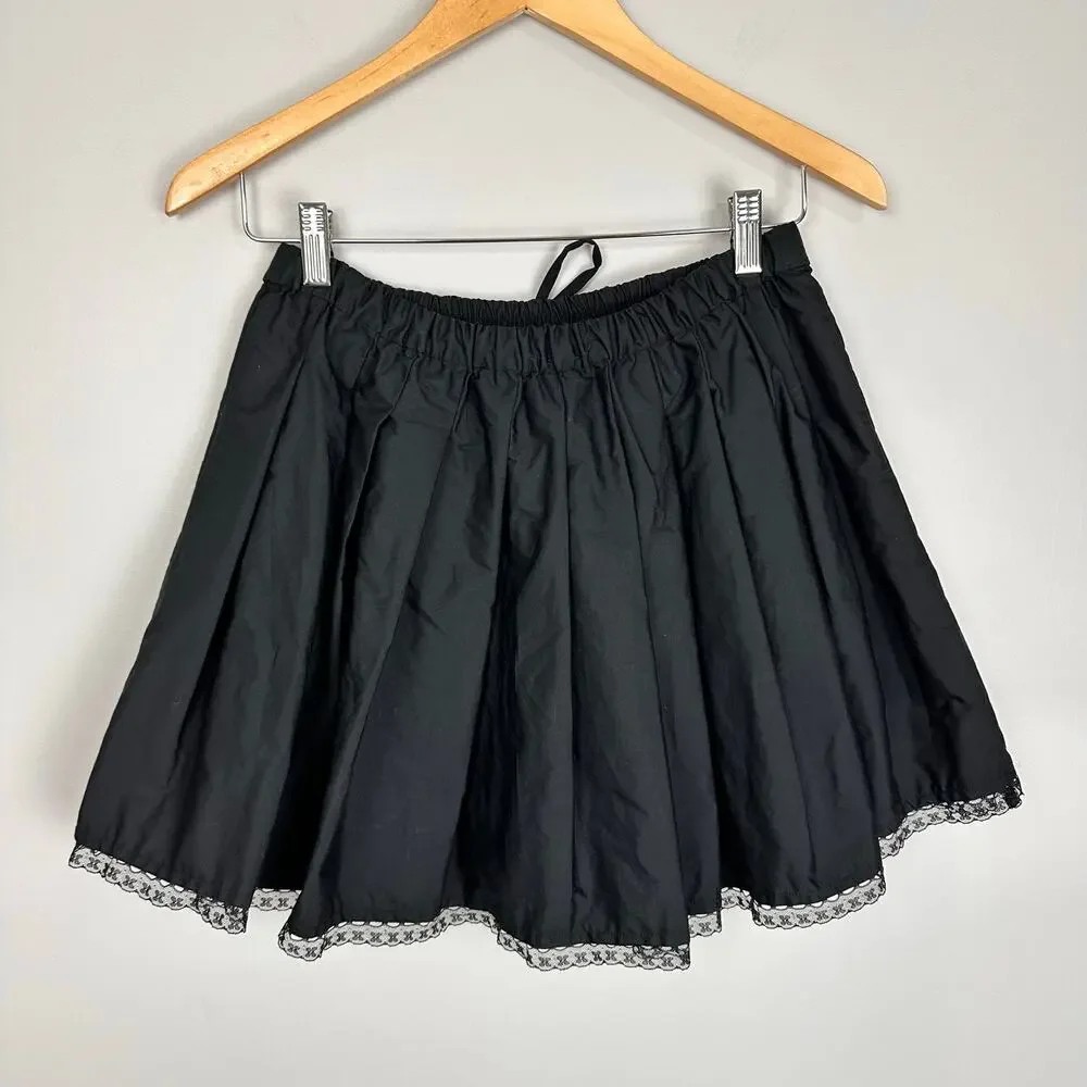 J CREW Pleated Tie Waist Mini Skirt Lace Trim Black Cotton Sz S NWT Preppy